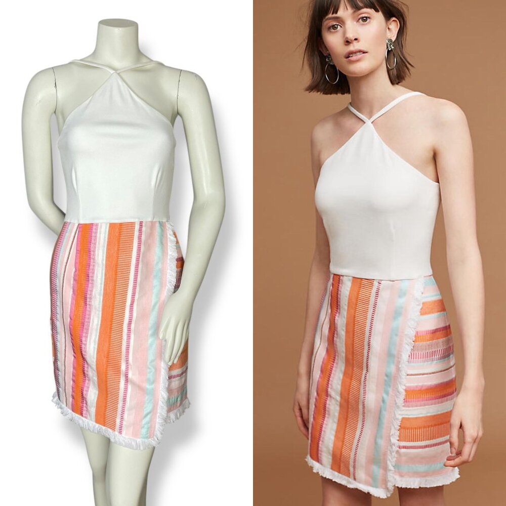 Anthropologie Hutch Dress Kayln Halter Tank Colorful White Sz 4‎ Faux Wrap Skirt